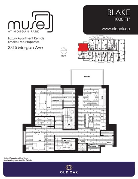 Floor plan for 2 beds, 2 baths, 1000 sqft